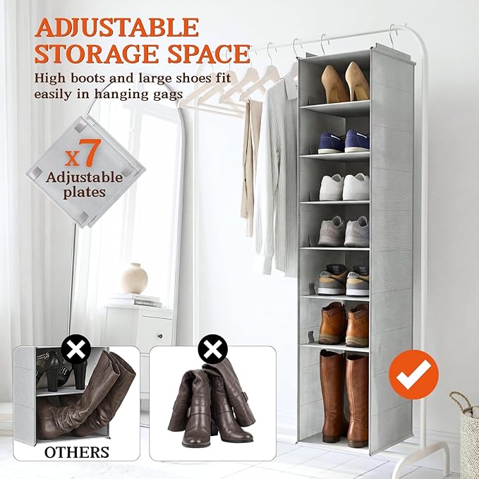 Ofiray-home Hanging Shoe Organizer for Closet, 8 Tier Closet Shoe Organizer with Adjustable Shelves for Boots, Heavy Duty Han