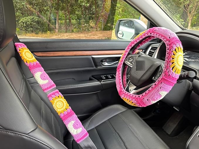 Handmade Crochet Sun and Moon Car Steering Wheel Covers Universal 14-15 inch for Women and Men (A,Steering Wheel Cover+2 Belt Cover)