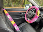 Handmade Crochet Sun and Moon Car Steering Wheel Covers Universal 14-15 inch for Women and Men (A,Steering Wheel Cover+2 Belt Cover)