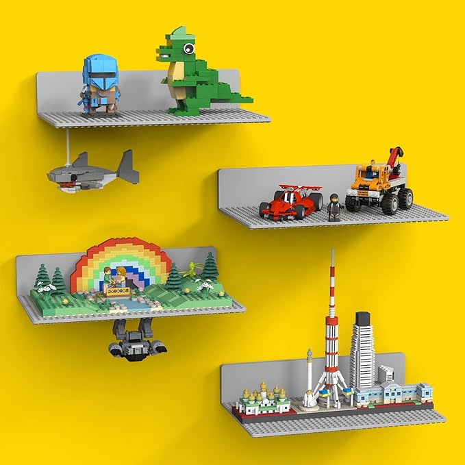 BlissBox 4-Pack Display Shelves for Wall Compatible with Lego Building Bricks, 11.3x6.3inch Dual‑Sided 36x20 Studs for Toy Br
