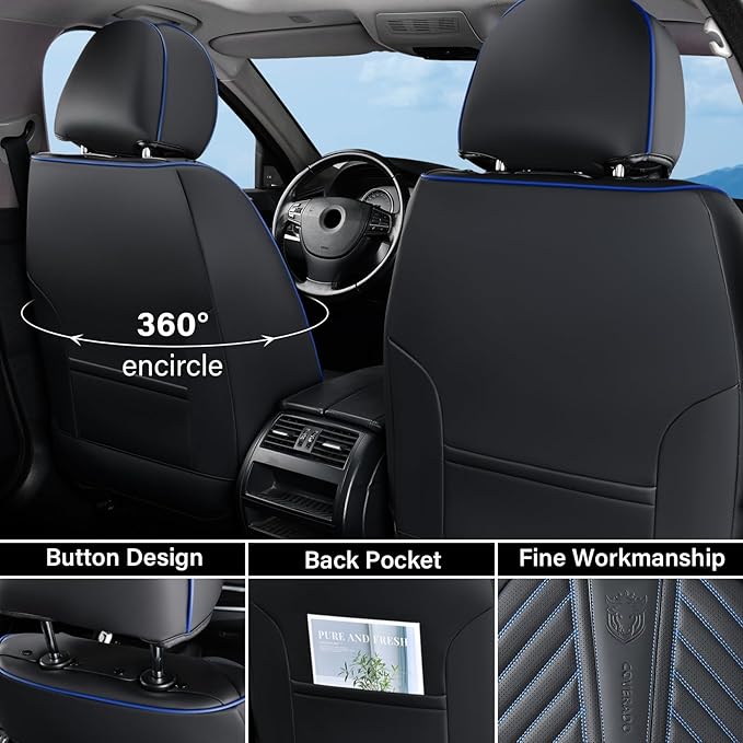 Coverado Front Seat Covers, Waterproof Leather Car Seat Protector, Universal Fit for Most Cars (Black&Blue)