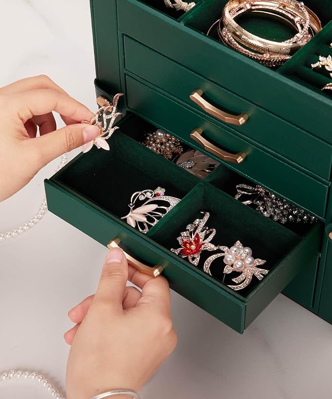 Enthralite Jewelry Box with 4 Drawers: Display Organizer for Earrings Necklaces - Gifts for Girls Women (Forest Green)