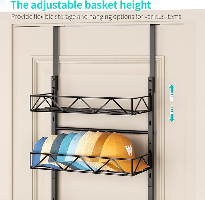 HapiRm Over the Door Hat Organizer - 4 Tier Wall Mounted Hat Rack with 4 Adjustable Metal Basket, Baseball Caps Organizer Sto