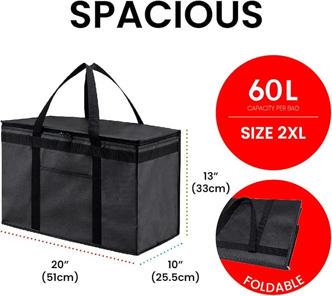 NZ home Insulated Bags for Food Delivery (2XL) Grocery Shopping Cooler Bag, Pizza Delivery, Hot & Cold Catering Tote, Reusable, Foldable & Heavy Duty (2 Pack, Black)