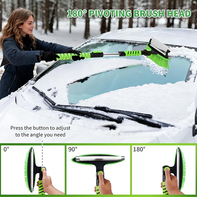 43.3'' Snow Shovel & Snow Brush with Ice Scrapers for Car Windshield,5-in-1 Extendable Thicken Aluminum Tube,180° Pivoting Brush Head & Foam Grip for Christmas, Cars, Trucks, SUVs, Vehicle（Green