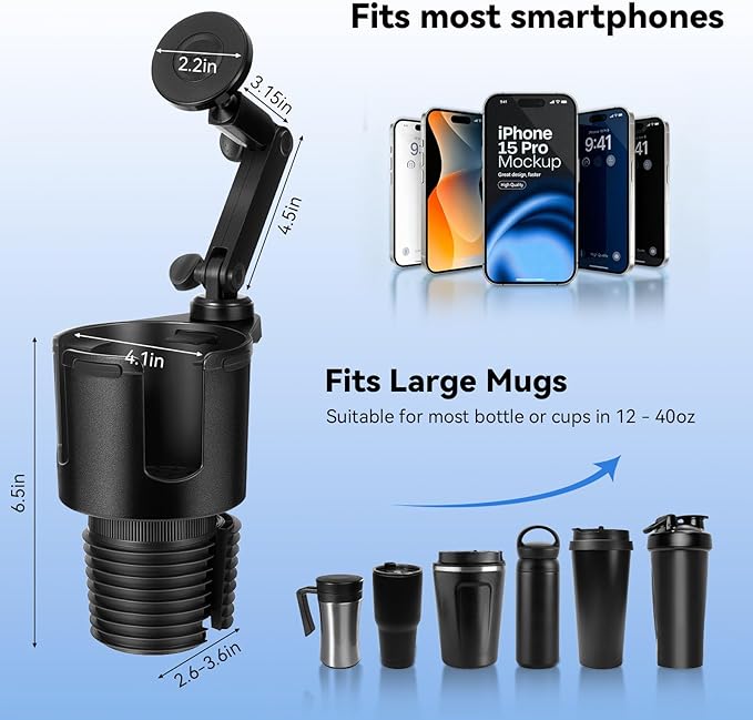 Magnetic Car Cup Holder Phone Holder, 2-in-1 Cup Holder Extender for Car, Universal Magsafe Cupholder Car Mount, Long Arm and 360 ° Rotation, Secure Fit for Car or SUV