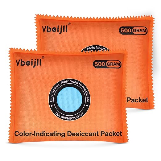 500 Gram (2 Pack) Color-Indicating Desiccant Packs for Storage, Rechargeable Silica Gel Packets, Dehumidifier for Cars, Gun