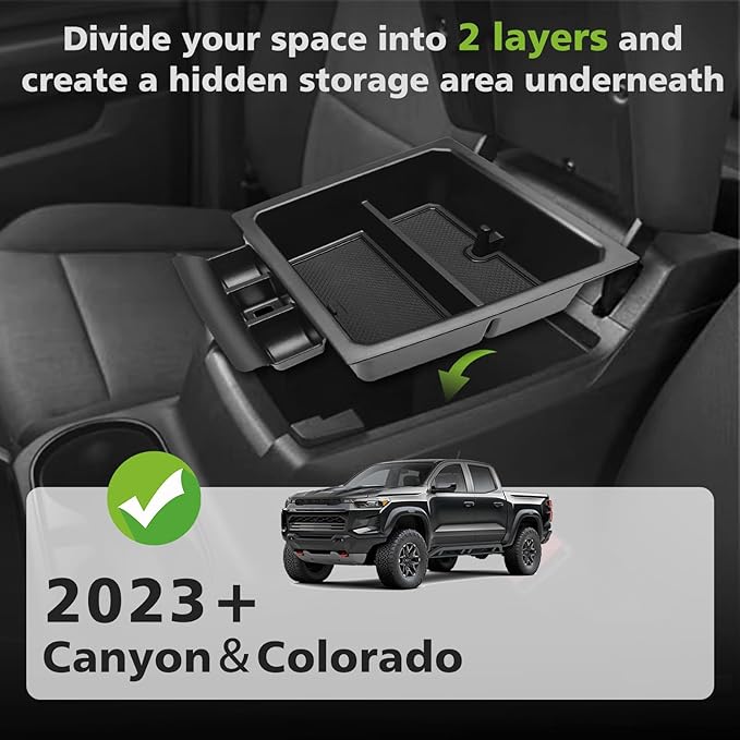 Muslogy Center Console Organizer Compatible with 2023-2025 2026 Chevy Colorado/GMC Canyon Accessories, Interior Storage Box Coin Container Armrest Secondary Tray Fit with OEM Tray (Black)