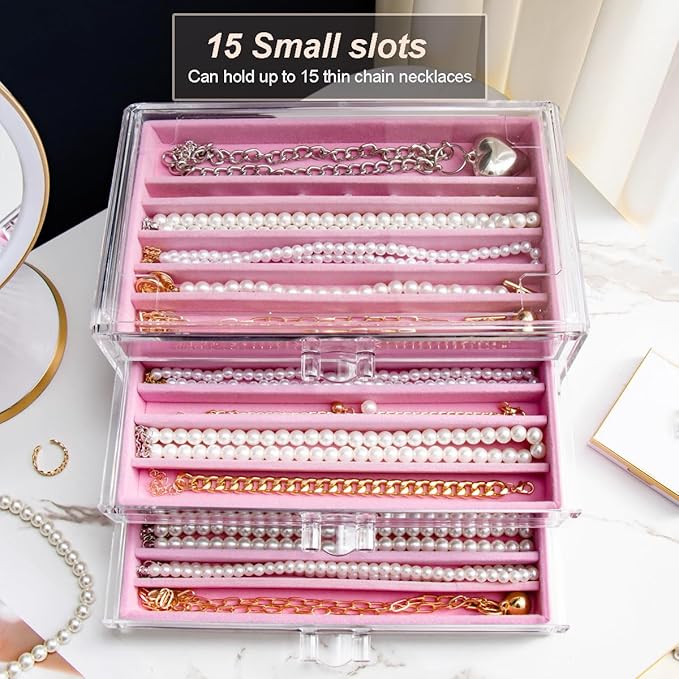 YUFONG Necklace Holder Organizer, Dustproof Necklace Box Velvet Necklace Organizer Box with Lid Clear Acrylic Dustproof Stack