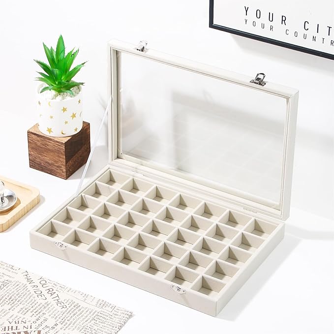 Coward Ring Earring Jewelry Organizer Box, 35 Grids Dustproof Display Holder Case, Beige Velvet Jewelry Bead Display Tray Cas