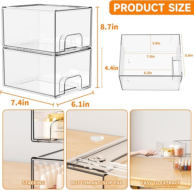 4.4" Tall Small Clear Acrylic Stackable Storage Drawers for Vanity,Under Sink,Bathroom Closet,Medicine Cabinet Organization a