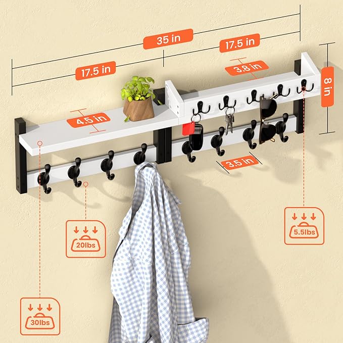 35'' White Coat Rack Wall Mount with Shelf, Solid Wood Coat and Key Hanger with 13 Metal Hooks, Farmhouse Wall Organizer for 