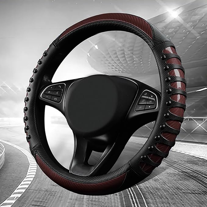 3D Massage Car Steering Wheel Cover,14.5-15 Inch Universal Brown Carbon Fibre Leather Covers Breathable Anti-Slip Odorless St