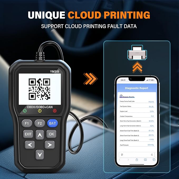 BluSon YM319 OBD2 Scanner Diagnostic Tool with Battery Tester, Check Engine Fault Code Reader with Live Data, Cloud Printing,
