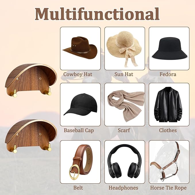 2 Pack Cowboy Hat Rack, Wooden Satin Finish Hat Holder on Wall,Non-Damage Brim Design, Hat Hooks Can Keeps Original Shape of 