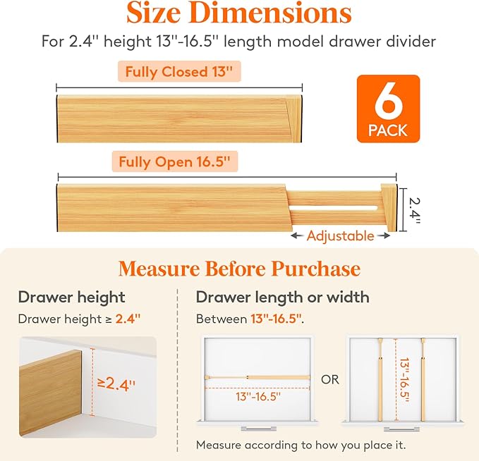 Lifewit 2.4" High 6 Pack Bamboo Drawer Dividers 33-42cm/13-16.5" Adjustable Wooden Drawer Organizer for Clothes/Utensils, Exp
