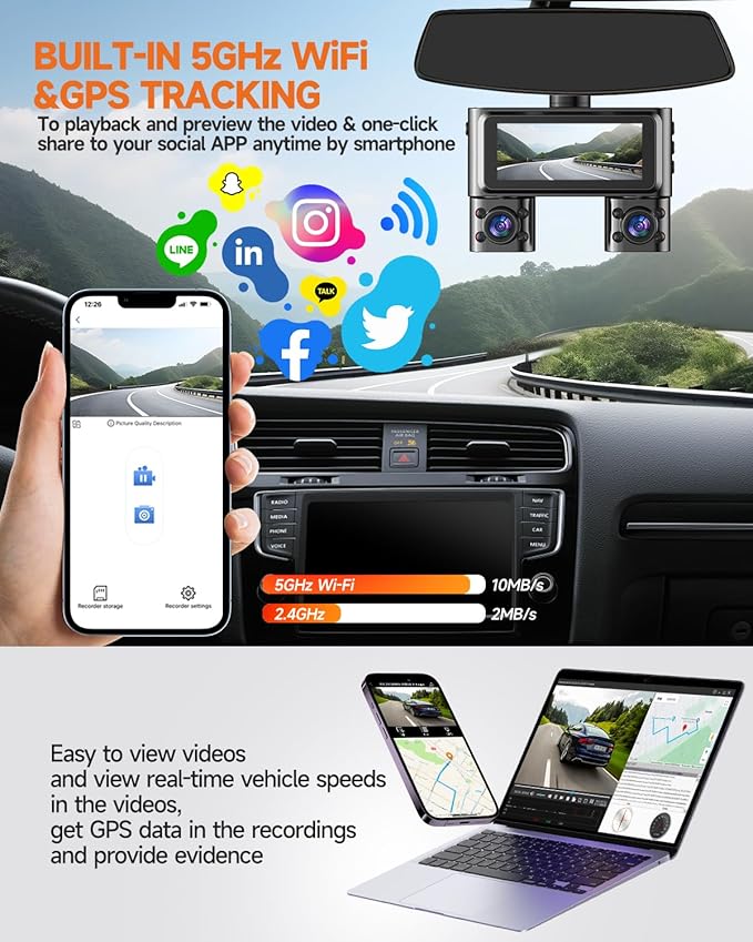 Dash Cam 360°, 4 Channel Camera for Cars Front and Rear Inside, 2K FHD Mini Dashcam, 5G WiFi, GPS, Free 64G Card, Voice Contr