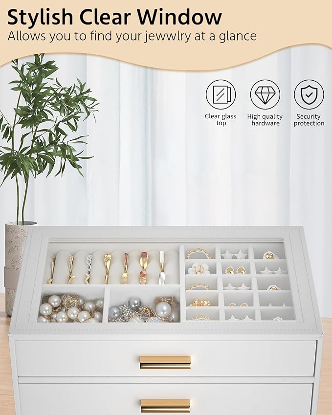 AKOZLIN Jewelry Box with Clear Lid Functional Leather Jewelry Storage Organizer Case 2 Drawers for Women Girls Necklace Ring 