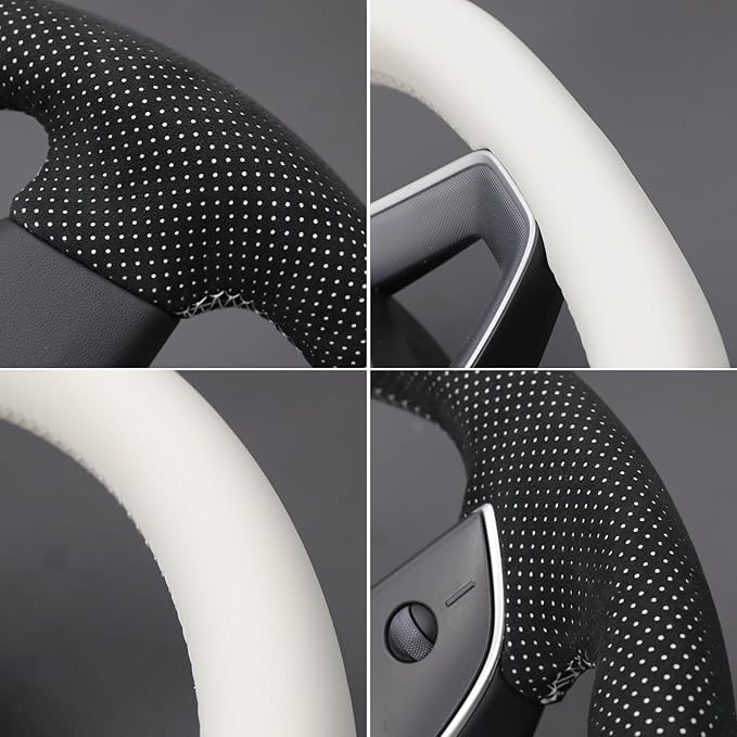 MEWANT Hand Stitched White Leather Steering Wheel Cover for Tesla Model 3 Highland 2023 2024 2025