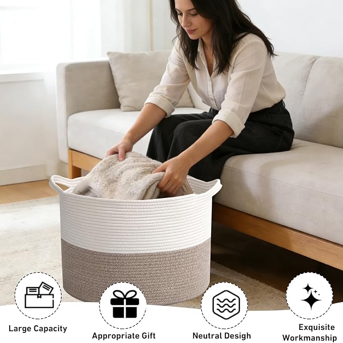 65L Large Woven Cotton Rope Blanket Basket with Handles, Laundry Hamper Storage Bin for Pillows, Clothes, Bedroom and Living 