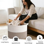 65L Large Woven Cotton Rope Blanket Basket with Handles, Laundry Hamper Storage Bin for Pillows, Clothes, Bedroom and Living 