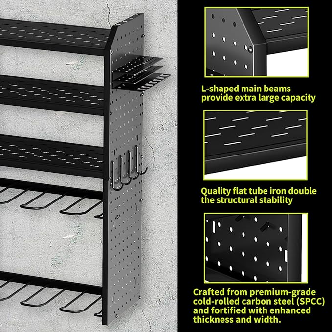 KAFAHOM Power Tool Organizer,Large 8 Drill Holder Wall Mount with 2 Side Pegboards,5 Layer Metal Tool Storage Rack with 12 Ho