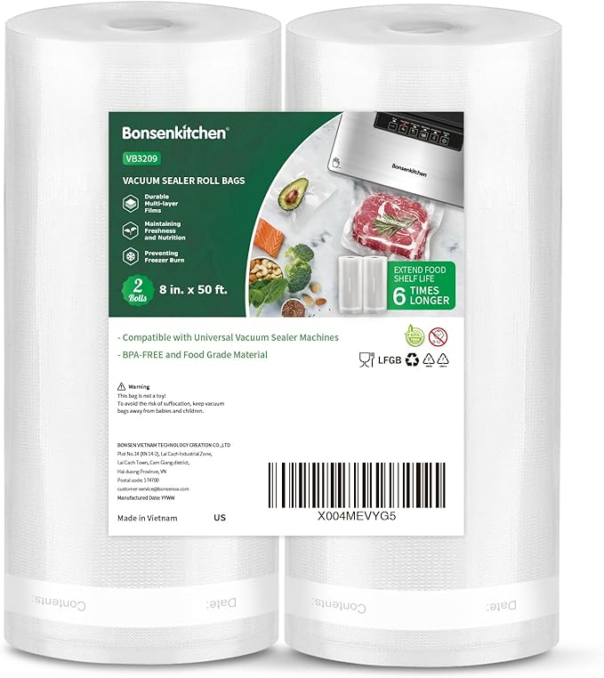 Bonsenkitchen Vacuum Sealer Bags, 8" x 50' Rolls 2 pack for Food Storage Saver, Bpa Free, Heavy Duty, Commercial Grade Textur