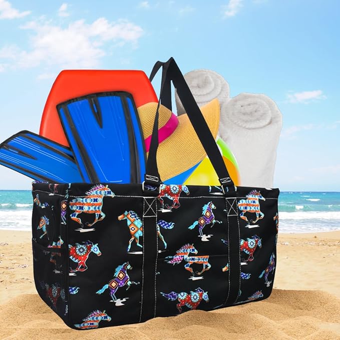 NGIL Extra Large Utility Tote Reusable Grocery Organizing Bag Oversized Collapsible for Storage, Picnic,Car, Beach (Stallion Wild Horse Black)