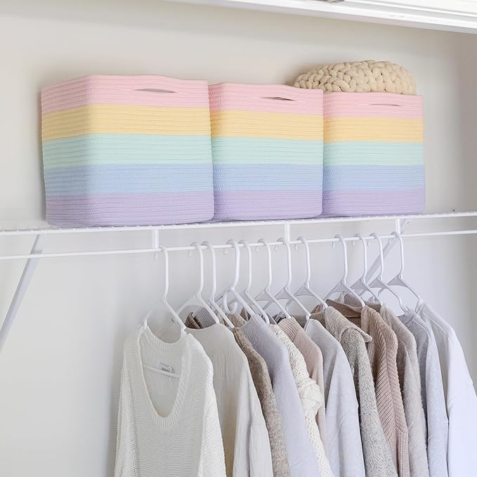 NaturalCozy Storage Cubes 11 Inch Cotton Rope Woven Baskets for Organizing, 3-Pack | Cube Storage Bin | Square Storage Basket