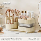 Ivory Rotating Vanity Organizer with Drawer & Brush Holder - 3 Layer Cosmetic Skincare & Perfume Storage - Countertop Makeup 