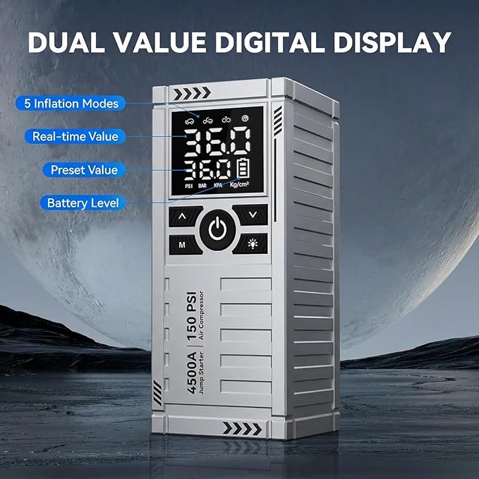 Car Battery Jump Starter with Air Compressor - 4500A Battery Jumper Starter Portable (9.0 Gas/8.0L Diesel) with 150PSI Tire