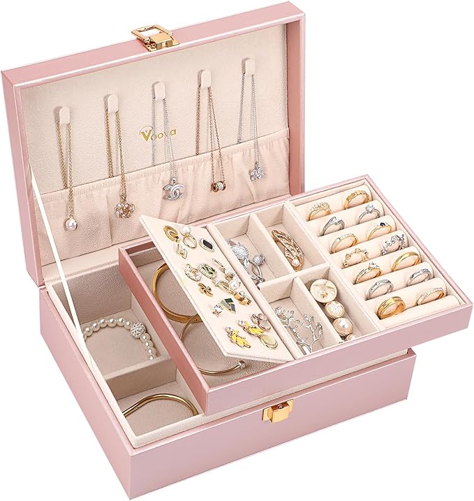 Voova Jewelry Box Organizer for Women Girls, 2 Layer Large Men Jewelry Storage Case, PU Leather Display Jewellery Holder with