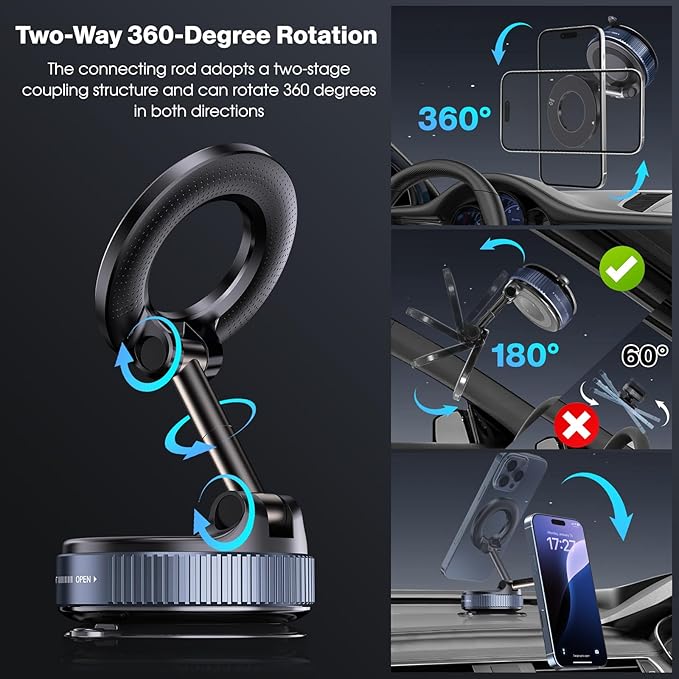 Vacuum Magnetic Car Phone Holder for Magsafe, Hands-Free 360° Adjustable Suction Cup Phone Mount for Car/Gym/Mirror/Smooth Surface, Compatible with iPhone & Android (Silver Black)