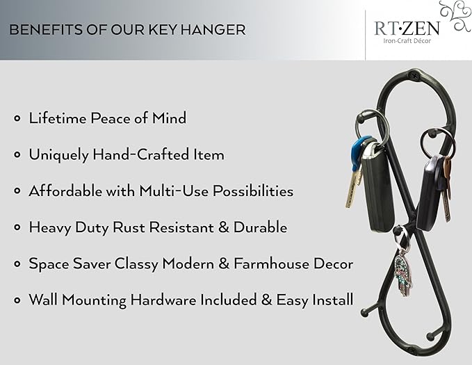 RTZEN Farmhouse Small Key Holder for Wall - Handcrafted Swirl Decorative 5 Key Hooks for Home Entryway - Wrought Iron Wall Mo