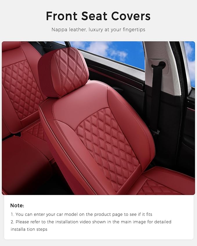 Huidasource Red Front Seat Cover, Nappa Leather Front Car Seat Cover, Side Elastic Fabric, Compatible with Airbags, Seat Belt