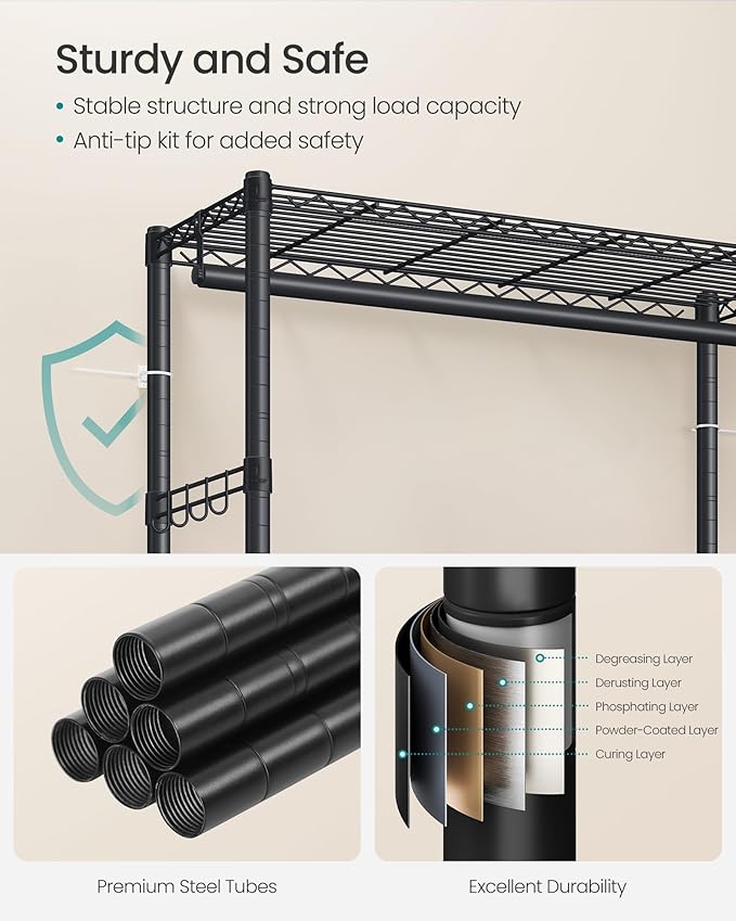 SONGMICS Heavy-Duty Rolling Clothes Rack, Garment Rack, Portable Closet on Wheels, with Adjustable Mesh Shelves and Hanging R