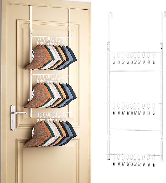 HapiRm Over Door Hat Rack - 3 Tier Wall Mounted Hat Organizer with 30 Movable Clips, Baseball Cap Organizer Storage Holds up 