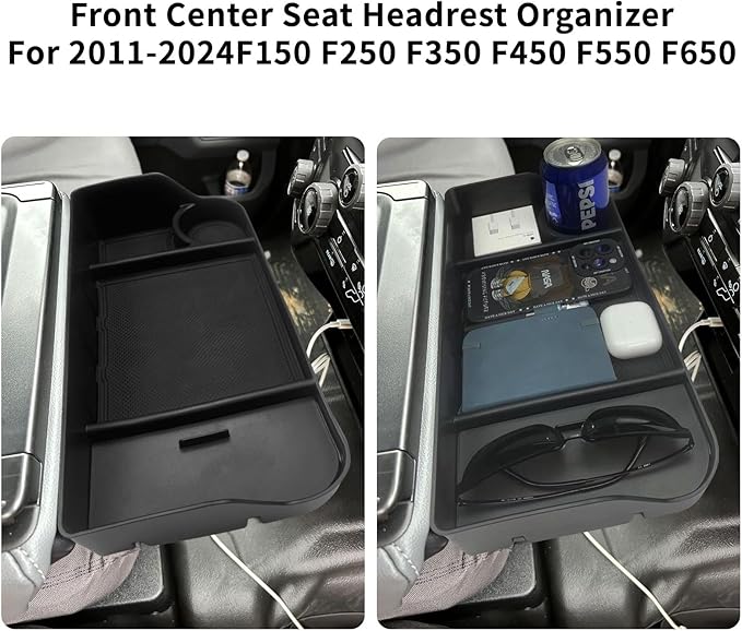 Center Console Seat Headrest Organizer for 2011-2024 2025 Ford F150 F250 F350 F450 F550 F650 Accessories, Storage Tray with Non-Slip Rubber Mat (Jump Seat Only)
