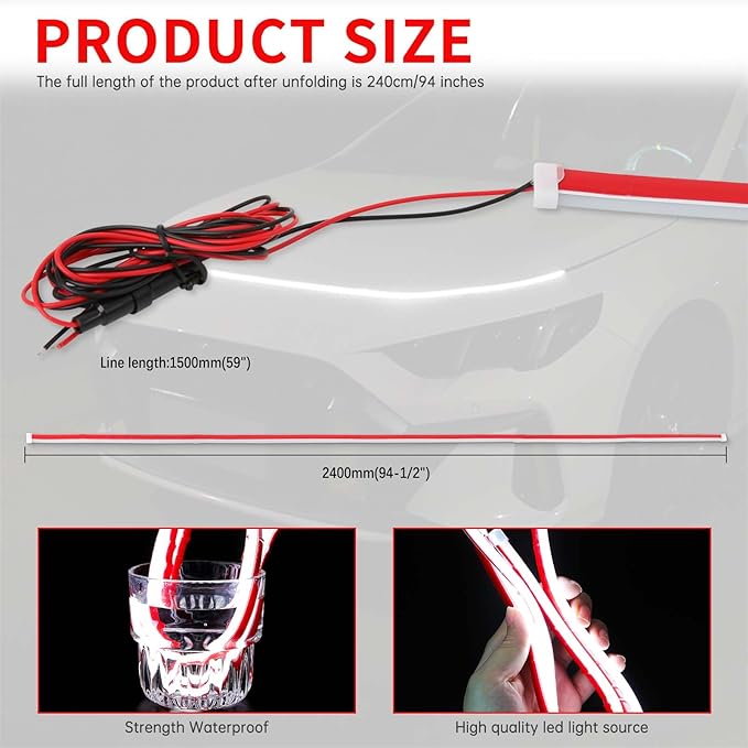 94.5 Inch Car Hood Light Strip, White Exterior Dynamic Car LED Hood Light, Flexible & Waterproof, Universal Exterior Daytime Running Light Strip with Fuse Protection for Cars, SUVs, Trucks
