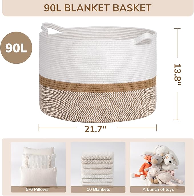 INDRESSME XXXLarge Cotton Rope Basket 21.7" x 21.7" x 13.8" Woven Baby laundry Blanket Basket for Home Decor Living Room Nurs
