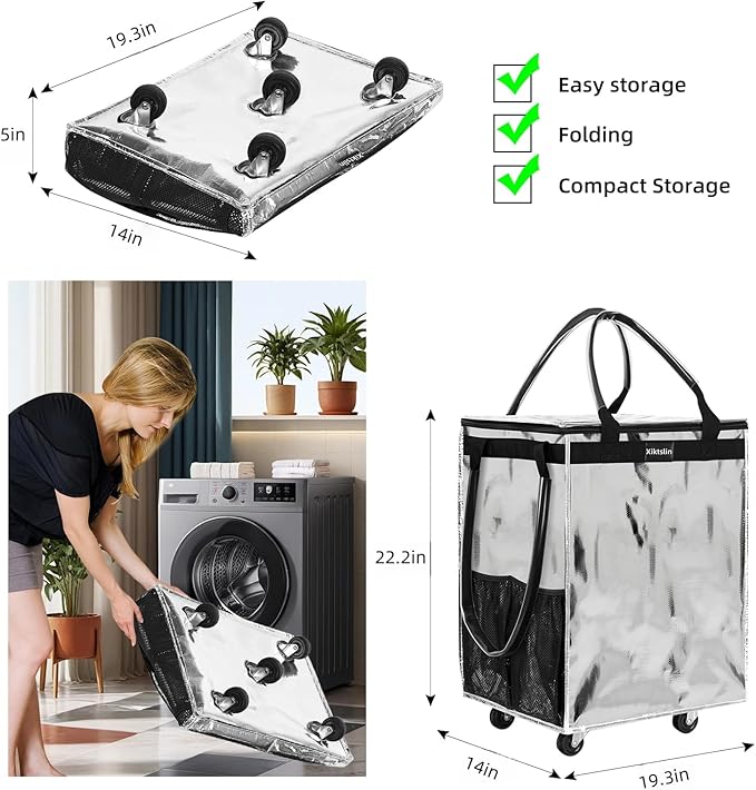 (Large,Silver) Reusable Grocery Bag on 5 Wheels, Foldable Rolling Tote Carries Up to 76lb Shopping Trolley, Rolling Bag with 3 Handles, Zipper Clouser Rolling Tote Bag with Wheels for Laundry