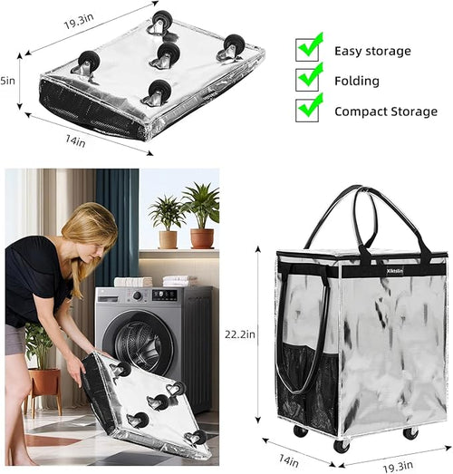 (Large,Silver) Reusable Grocery Bag on 5 Wheels, Foldable Rolling Tote Carries Up to 76lb Shopping Trolley, Rolling Bag with 3 Handles, Zipper Clouser Rolling Tote Bag with Wheels for Laundry
