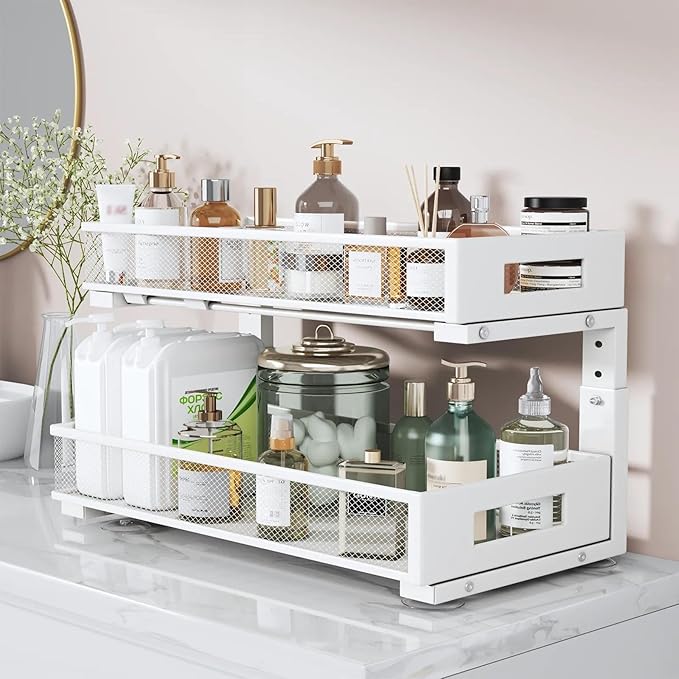 2 Packs 21IN Depth Under Sink Organizer, 2-Tier Pull Out Cabinet Organizer With Smooth Circular Rail, Large Capacity Metal Me