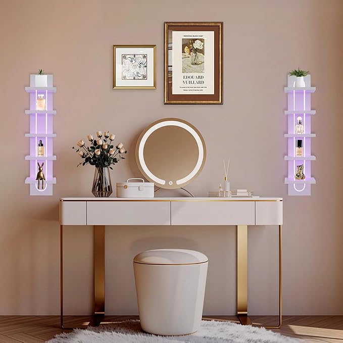 5 Tier Wall Shelf Unit with Light-Small Floating Shelves for Home Decor, Modern Unique Asymmetric Design for Bedroom & Living