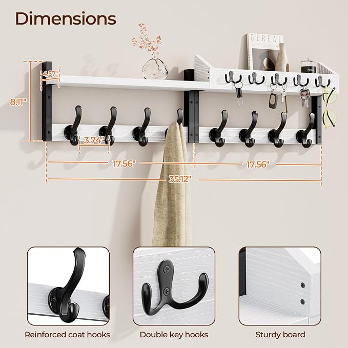 Evermagin 35" Coat Rack Wall Mount with Shelf, 4 in 1 Coat and Key Hanger with 13 Metal Hooks, Entryway Wall Mounted Shelf wi