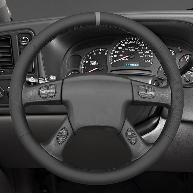 MEWANT Hand Stitch Steering Wheel Cover for Chevy Silverado 1500 2003-2006 Trailblazer Black Real Leather Steering Wrap
