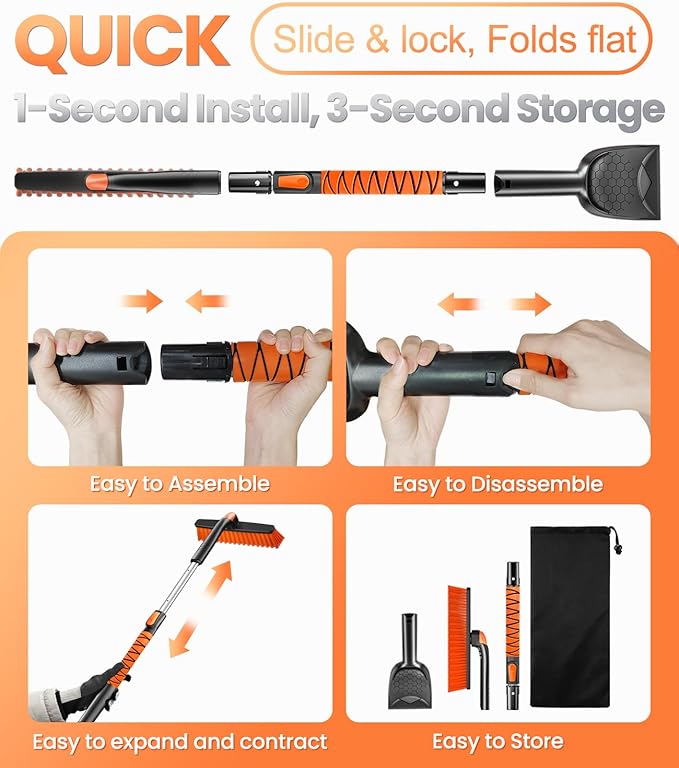 Zanch 2025 Upgrade Extendable 3-in-1 Car Snow Brush and Ice Scraper [45" Extendable Handle] with 360° Rotating Brush Head for Car Windshield Clear Snow, Ice and Frost, for All Cars/Truck/SUV