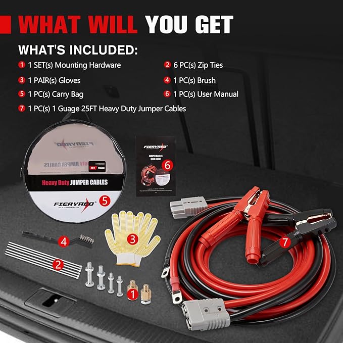FIERYRED 1 Gauge 25 FT Quick Connect Jumper Cables, 1000A Heavy Duty Booster Cables with Travel Bag, Heavy Duty Battery Jumper Cable for Truck, Diesel Trucks, SUV and Car