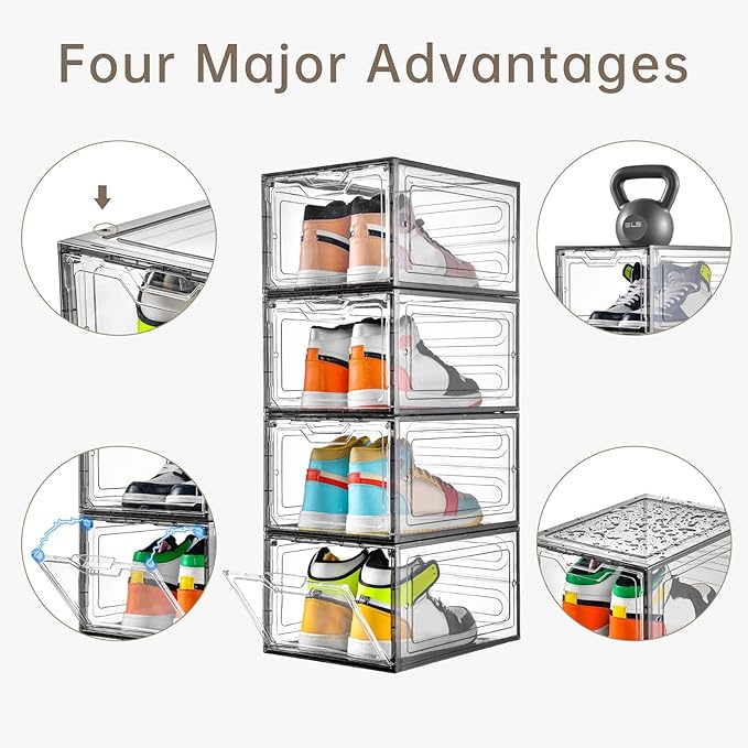 12 Pack Shoe Boxes Shoes Organizer, Shoe Storage Organizer Boxes with Magnetic Door, Clear Shoe Organizers Sneaker Storage Sh