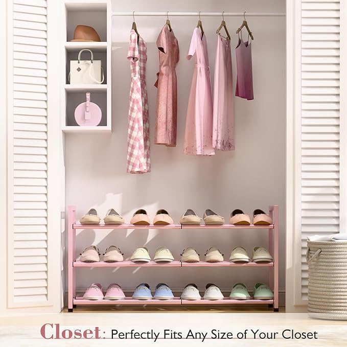 Bumusty 3-Tier Expandable Shoe Rack for Closet, 18“-33” Adjustable Shoe Rack for Small Space, Small Shoe Organizer for Front 